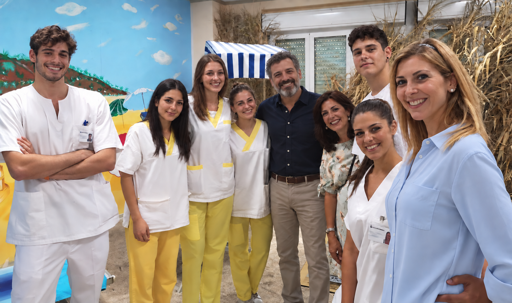 Erasmus+ healthcare and social-care professionals in uniform during an AIDEJOVEN mobility placement in Spain